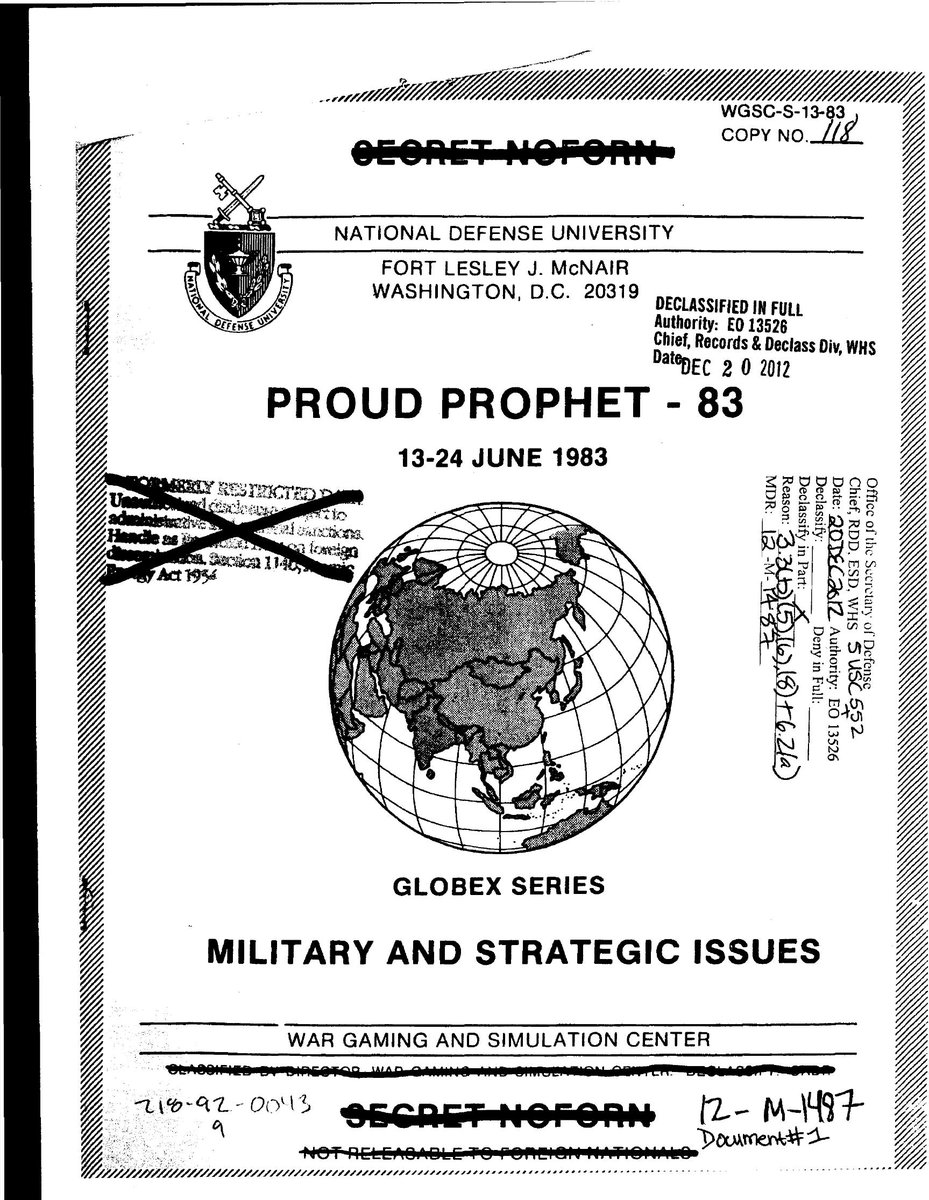 Archer83Able's tweet photo. In 1983, the United States ran the "Proud Prophet-83" politico-military global war game to simulate a NATO-Warsaw Pact crisis and ensuing armed conflict.

Among the participants were officials from the Joint Staff, combatant commands, CIA, State Department, and (covertly) Secretary of Defense Caspar Weinberger and Joint Chiefs Chairman Gen. John Vessey.

Following a few days of simulated hostilies, both sides were exchanging hundreds of nuclear attacks across Europe and other theaters. Those strikes destroyed every major German and Polish city as well as Paris, London, Amsterdam, Rotterdam, Brussels, and additional targets farther afield. 

The final message conveyed through a hotline estabilished for the purposes of simulation and directed to Moscow read: 

"May you burn in hell like you are going to burn here." 

It was sent by SecDef Caspar Weinberger.