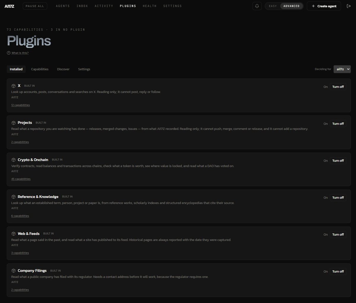AI17Z plugin management screen showing per-agent capability families such as X, Projects, Crypto & Onchain, and Web & Feeds with explicit on/off controls