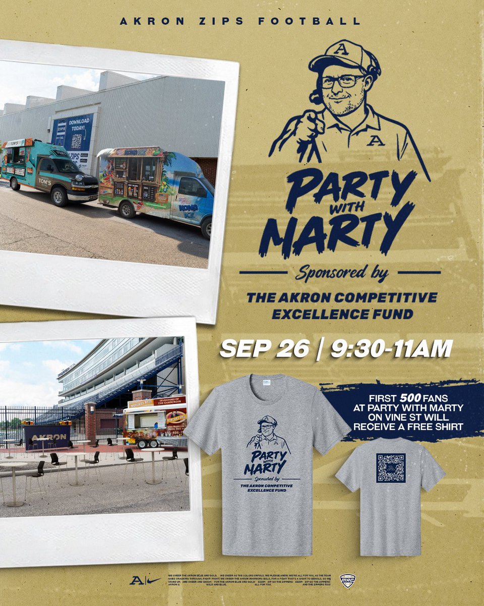 AkronZips's tweet photo. Time to Party with Marty on Vine St🥳

Be one of the first 500 fans and receive a free Party with Marty shirt!

#GoZips🦘#MakeTheClimb https://t.co/UNER7ZGZt9