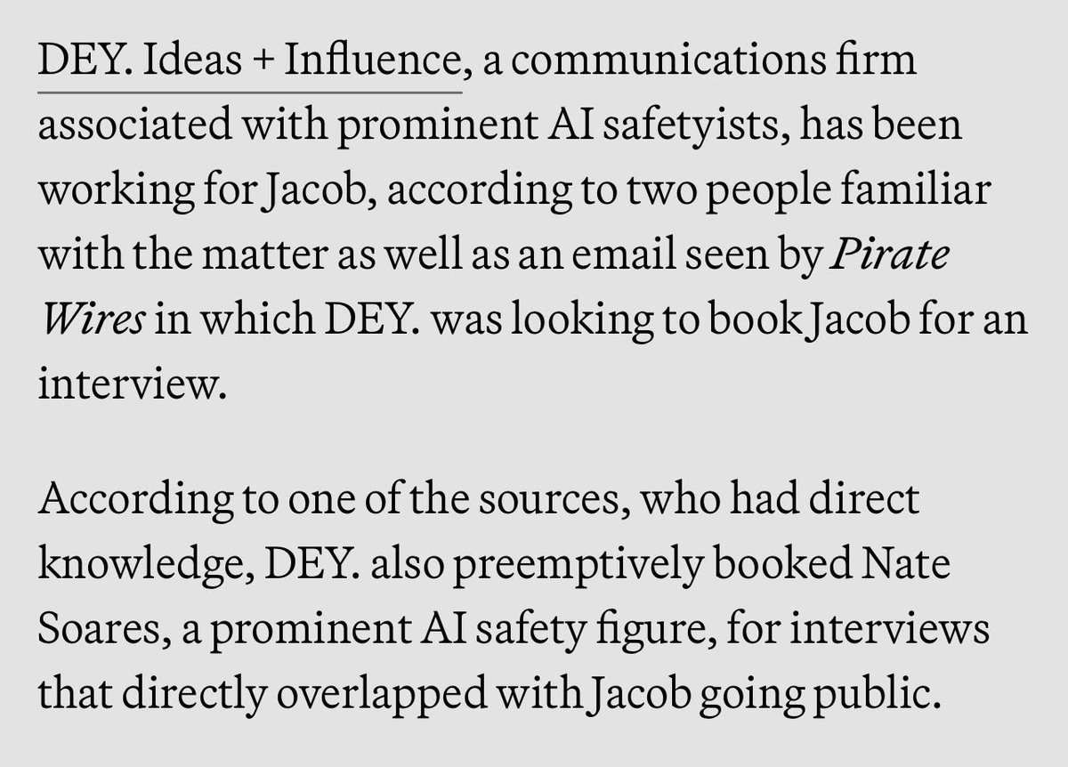 beffjezos's tweet photo. Wow. 

@PirateWires uncovers what everyone suspected: Jacob Coxon was propped up as a puppet by an AI Doomer PR firm

Regulatory psyop confirmed. https://t.co/jhVIrGXNx4