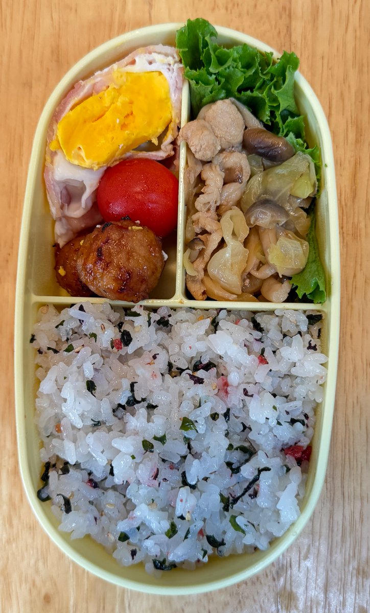 skydinner's tweet photo. 娘のお弁当作り414日目。

お弁当箱を新しくしました。これまでより小さくて仕切りが固定されているのでおかずの詰め方で苦戦…😖

今日の献立は、キャベツとしめじの炒め物・ベーコンエッグ・肉団子と🍅

#お弁当記録 
#お弁当
#弁当記録
#男の料理
#お弁当作り楽しもう部 https://t.co/kJ9EZ1VT4W