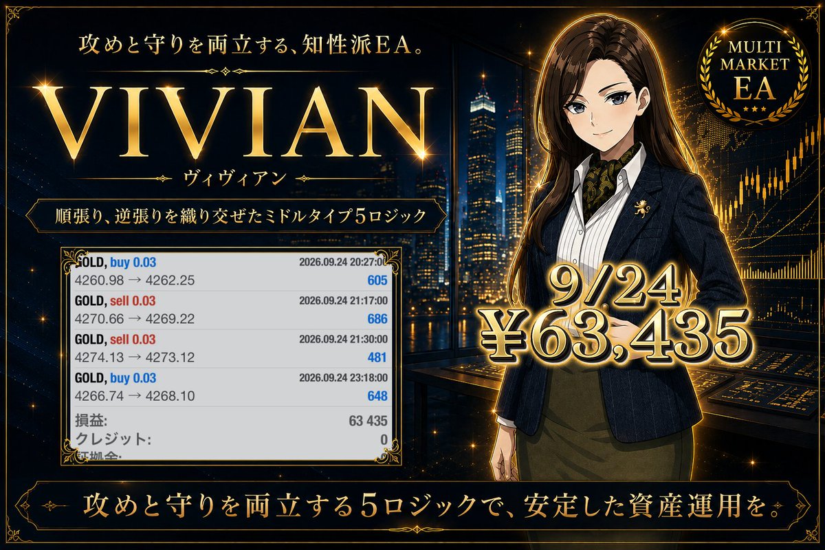 Sera_GoldTrader's tweet photo. セーラEAグループ最新作
💎 VIVIAN💎

9/24
+63,435円

相場に合わせて、
最適な一手を選び続ける。

順張り、逆張りを織り交ぜた
ミドルタイプ5ロジック搭載。
攻めと守りを両立する、
知性派EAです📈✨

ご利用希望はこちらから💁‍♀️
「ゴールドEA部屋【無料】」
https://t.co/eX4ebiEiIQ https://t.co/XSGbBiqoMj