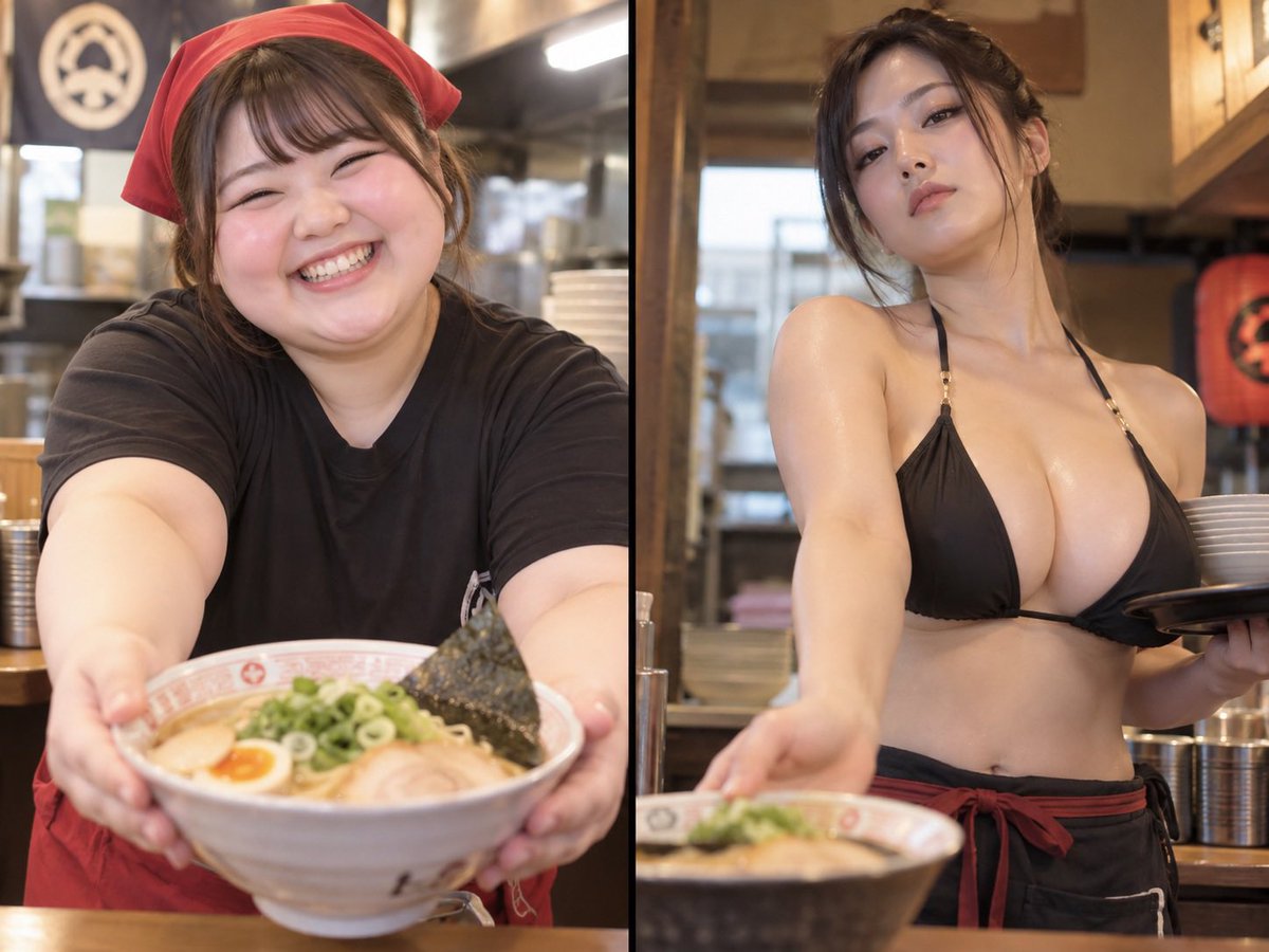 umitsuru_fire's tweet photo. あなたはラーメン屋店主です。
雇うならどっちがいい？

←時給1300円で愛想がいい
　　時給2600円で態度悪いけど水着→ https://t.co/4HwLQqsB8p