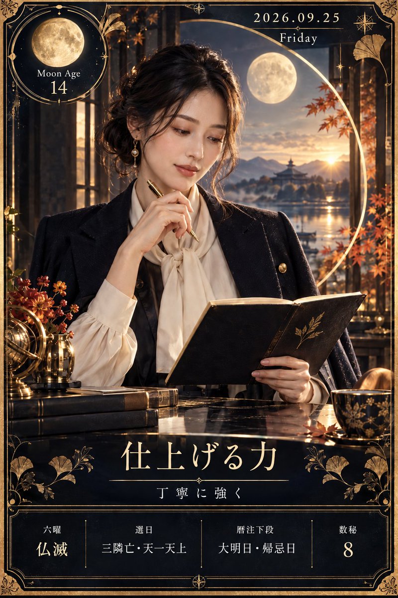 s_e_n_chan's tweet photo. 日付：2026年9月25日（金）
六曜：仏滅（ぶつめつ）
選日：三隣亡（さんりんぼう）、天一天上（てんいちてんじょう）
暦注下段：大明日（だいみょうにち）、帰忌日（きこにち）
数秘：8
月齢：14

今日の流れ：
今日は、勢いだけで前へ出るより「仕上げの質」が運を動かす日。仏滅と三隣亡が重なるため、見切り発車や土台の弱いまま話を広げるより、約束・数字・段取りを一度確かめると安心です。一方で大明日と天一天上は、視界を明るくし、外へ向かう意欲を後押しする象徴。月齢14の満ちる力も加わり、これまで積み上げてきたものは人の目に触れやすくなります。数秘8の現実力を使い、成果・お金・責任を堂々と扱うことが今日の鍵です。

感情テーマ：
期待が高まりやすいぶん、結果を急がず「ここまでできた」を自分で認める。

伸びやすいこと：
仕事では最終確認、学びでは提出や発表、対人では曖昧な返事を明確にすることが伸びにつながります。実力を見せる場面では遠慮しすぎないで。

注意点：
帰忌日の要素から、行き先や帰宅時間を詰め込みすぎないこと。予定変更に余白を残し、焦って決め直すより、確認してから動くのが安全です。

ラッキーカラー：琥珀ゴールド
ラッキーアイテム：ゴールドのボールペン
ラッキーフード：栗ごはん
ラッキーワード：丁寧に強く

開運アクション：
午前中に今日いちばん形にしたい成果を一つ決め、午後はそれを人に見せられる状態まで磨きましょう。最後に数字や期限を確認すると、数秘8の実務力が活きます。

今日のひとこと：
満ちる力は、急ぐより仕上げることで輝く。