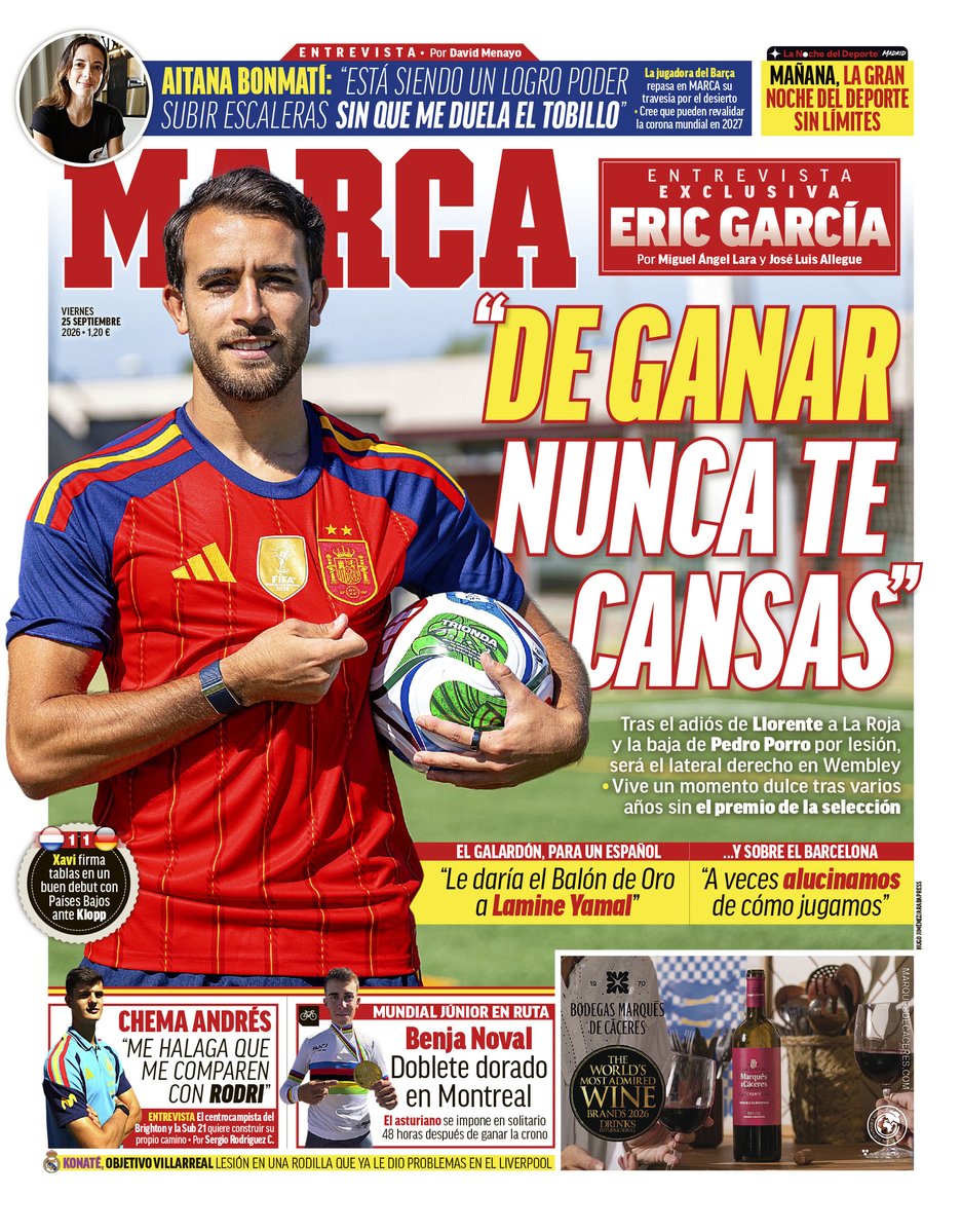 marca's tweet photo. #LaPortada 🗞️ Entrevista a Eric García: "De ganar nunca te cansas" https://t.co/Ar9qcQ5uAn