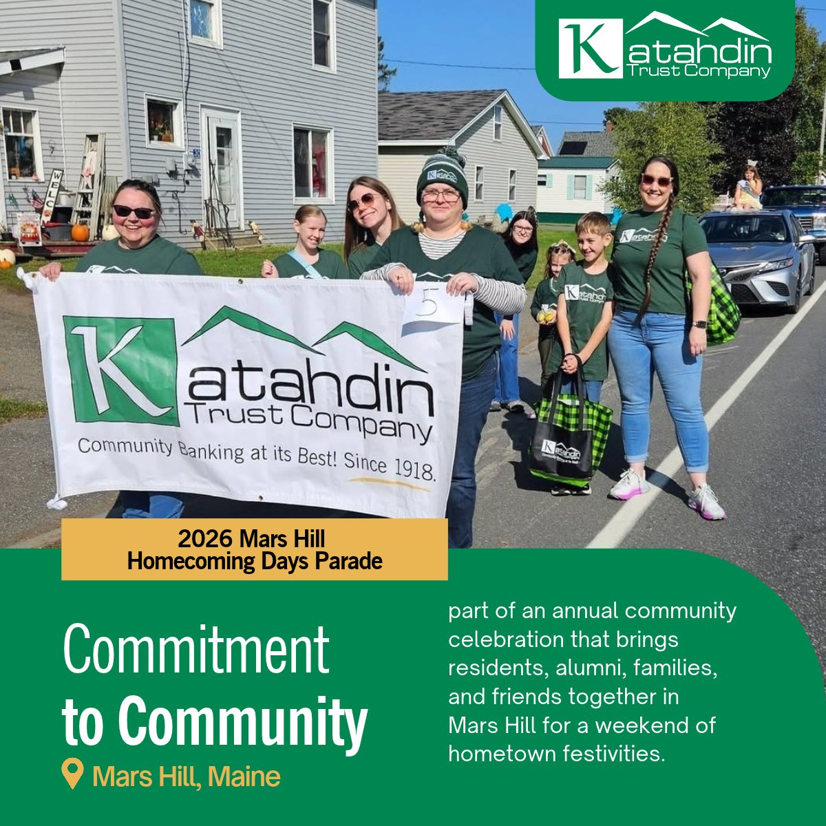 KatahdinTrust's tweet photo. What a great weekend in Mars Hill! ☀️ Our team had a wonderful time participating in the Mars Hill Homecoming Days Parade and seeing so many familiar faces along the route. Thanks to everyone who made it such a fun day! 💚 #MarsHill #TheCounty https://t.co/4WezGjXnWs