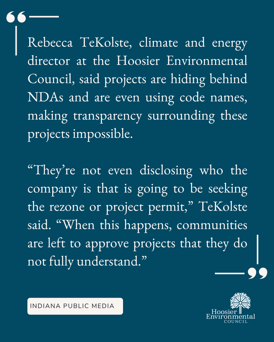 HEC_ED's tweet photo. NDAs are keeping Hoosiers in the dark about major data-center projects, limiting public input on impacts from water and energy use to tax incentives and land development. HEC's Climate &amp; Energy Director Rebecca TeKolste weighs in for Indiana Public Media: https://t.co/ADRNooyWcB https://t.co/nFtnmyZSqk