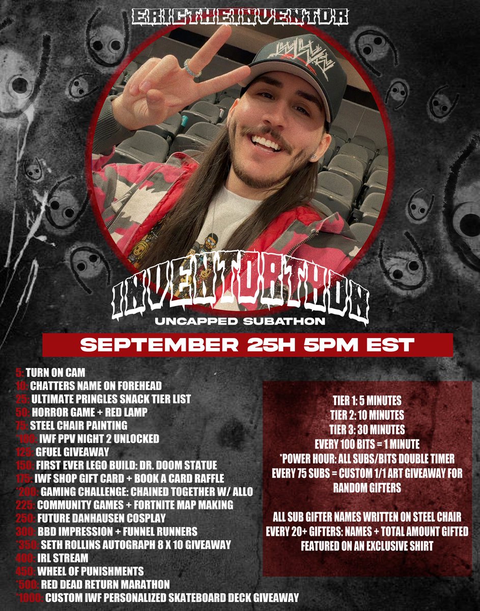 ERICTHEINVENTOR's tweet photo. 🚨 INVENTORTHON 2026 🚨

- LIVE TOMORROW! 🔴
- UNCAPPED! 🤯
- SUBTEMBER BONUS GIFTED DEALS! 💸
- VARIETY, GIVEAWAYS, PUNISHMENTS, COMM GAMES, CHALLENGES, EXCLUSIVE BADGES + SO MUCH MORE! 🔥

FULL INCENTIVE LIST | LETS STREAM FOREVER!
https://t.co/25bSsSkrEv https://t.co/mSGXLsPSPn