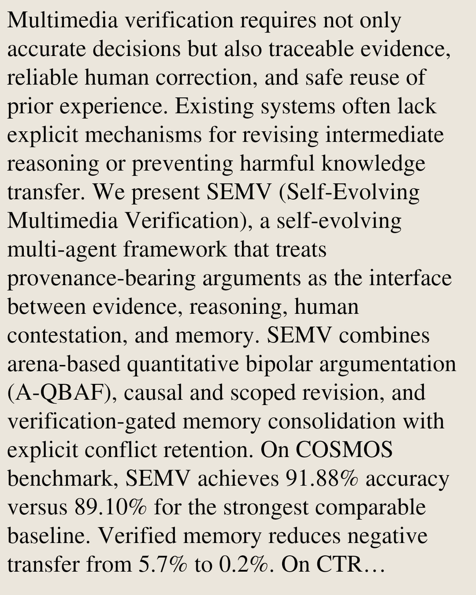 MultimediaPaper's tweet photo. Self-Evolving Multimedia Verification through Memory Consolidation of Contestation Experiences

Truong Thanh Hung Nguyen, Vo Thanh Khang Nguyen, Hoang-Loc Cao, Phuc Ho, Truong Thinh Nguyen, Van Pham, Hung Cao
https://t.co/uMb1UthHns [𝚌𝚜.𝙼𝙼 𝚌𝚜.𝙰𝙸 𝚌𝚜.𝙼𝙰] https://t.co/lmaayUU6mY
