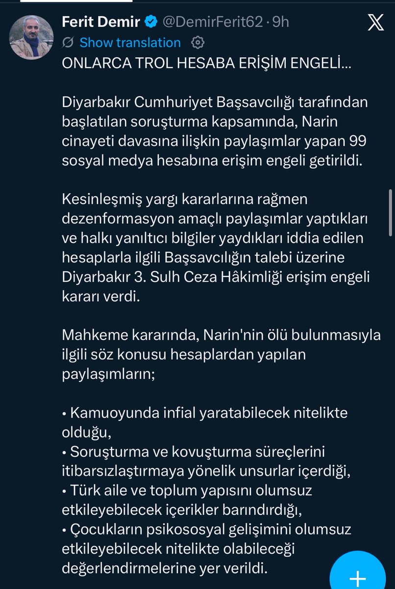 Berzethj's tweet photo. 🔴ATTENTION INTERNATIONAL MEDIA & PRESS FREEDOM ORGANISATIONS

A Turkish journalist Ferit Demir @DemirFerit62 has publicly labelled dozens of accounts restricted in connection with the Narin Güran case as “troll accounts” despite providing no evidence that all 99 accounts are trolls.

Some of these accounts have been questioning the investigation, raising concerns about evidence and calling for a fair retrial.

A court-ordered access restriction does not automatically make someone a "troll” or a source of disinformation.

Journalism should scrutinise allegations of disinformation  not manufacture labels and present them as fact.

Who is scrutinising the journalists when journalism itself contributes to stigmatisation and misinformation?

@pressfreedom @CPJ_Eurasia @RSF_en @OSCE_RFoM @ECPMF @hrw @amnesty
#PressFreedom #FreedomOfExpression #NarinGüran #Turkey
@tuncaybesikci @HillSevn @BDPDemirbas @the_amargi  @ttatari @alidurantopuz @aslanferit21 @amberinzaman