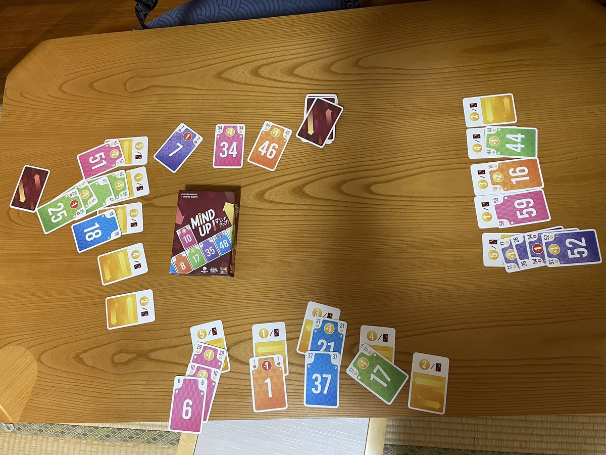 boadgameX's tweet photo. 先日旅行先で遊んだ　#ボードゲーム　は　#マインドアップ　です。
相手の心理を読みながら手札をマネジメントする、手軽なセットコレクションゲームです。「あの色が欲しいから、この数字を出せば取れるか？」、「今このカードを取ると、次のラウンドの手札が弱くなるかも……」という奥深さが面白い. https://t.co/WFTNgEsVCH