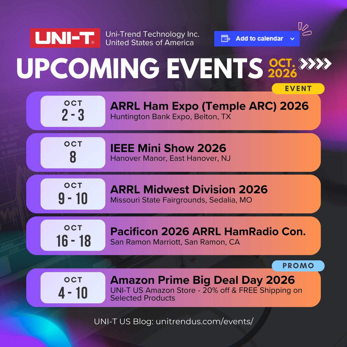 UnitrendUS's tweet photo. UNI-T is hitting the road this October!

Come meet the UNI-T team, check out our latest products, and see how our solutions can support your work in the lab, field, shop, and beyond!

UNI-T Event page: https://t.co/VXK9rqdmPW

Unite yourtest bench with UNI-T. https://t.co/9wIm0Bw7Z8