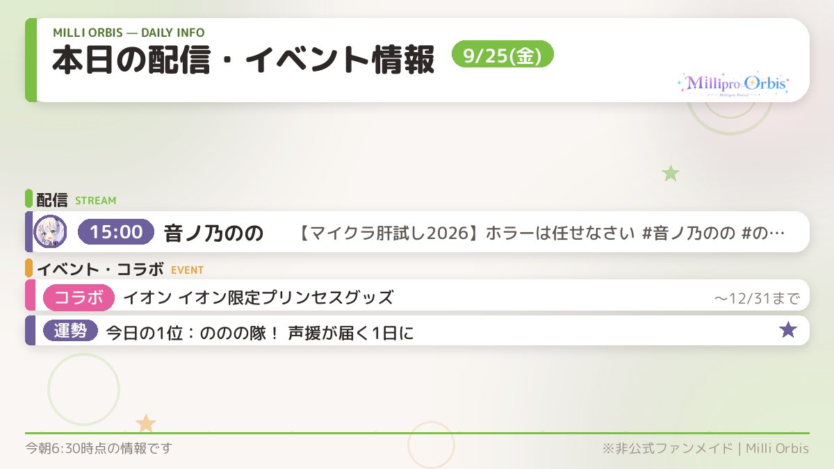 milliorbis_info's tweet photo. 本日のミリプロ配信・イベント情報📋

詳細はMilli Orbisでチェック👇
https://t.co/IJZRfijoMG

#ミリプロ #Orbisinfo #MilliOrbis https://t.co/rbZzWKQOtN