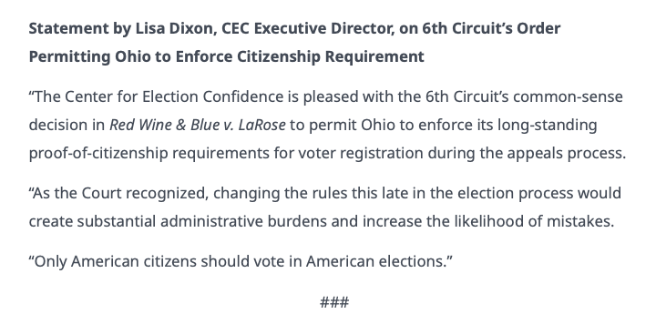 voterconfidence's tweet photo. Statement from Lisa Dixon, Executive Director, on 6th Circuit's Order Permitting Ohio to Enforce Citizenship Requirement