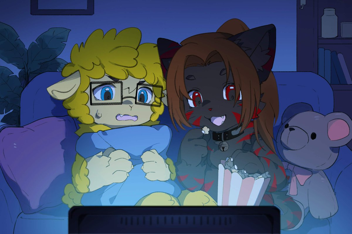 Kaji_K07's tweet photo. "OH, this is the best part!" 😸
*guy get's chopped in 2* 🐑

Been meaning to post this adorable gift art from @Ke_a_gS. Been watchin some spooky movies together. Thank you Keags ~<3

🎨: @zibao999 https://t.co/75eXnC83Pg