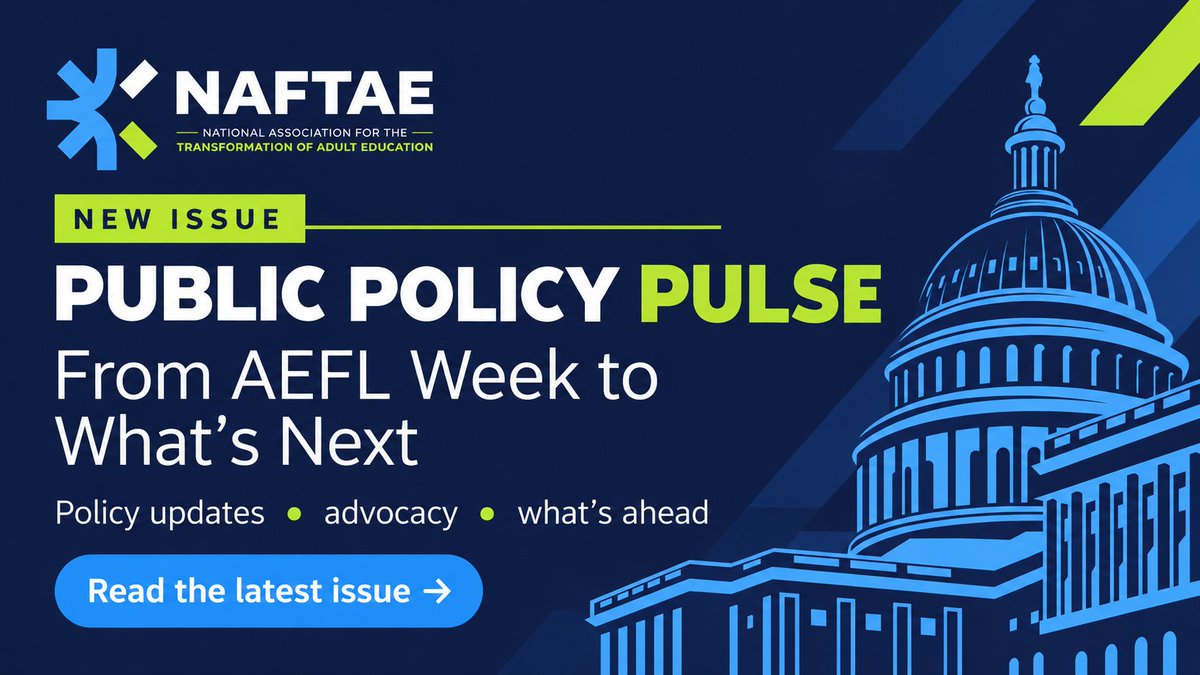 NAFTAE_org's tweet photo. AEFL Week is over. The policy conversation isn’t. 📣

The September Public Policy Pulse looks at what’s next for adult education, current policy updates, and continued advocacy.

📘 Read it: https://t.co/PUIX8wgSur
🔗 Visit the NAFTAE Action Center in our bio.

#AdultEd #NAFTAE https://t.co/f9gMKI7B60