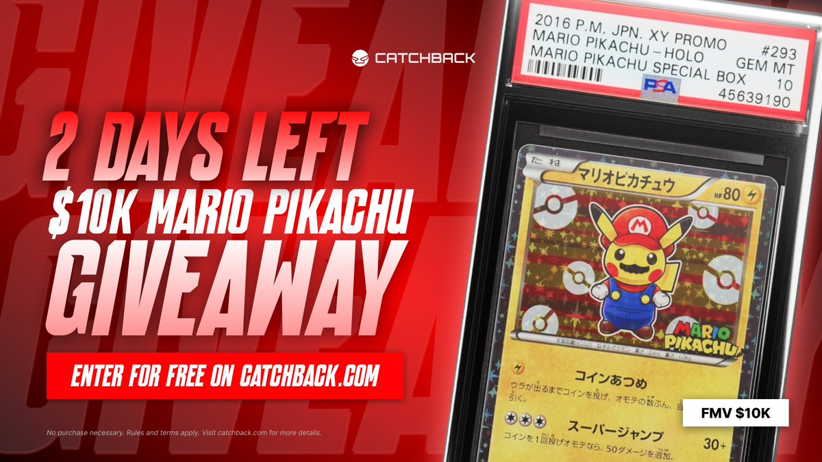 catchback_cards's tweet photo. 🚨 2 DAYS LEFT TO WIN A $10K MARIO PIKACHU

To enter:
❤️ Like + follow @catchback_cards
👥 Tag 3 friends + repost our pinned tweet
📱 Claim an extra FREE entry in the CatchBack app
💰 Every $1 spent on packs = +1 entry

Winner announced Friday, 9/25 at 10PM PT.

GL 🍀 https://t.co/N8CVxGuUlc