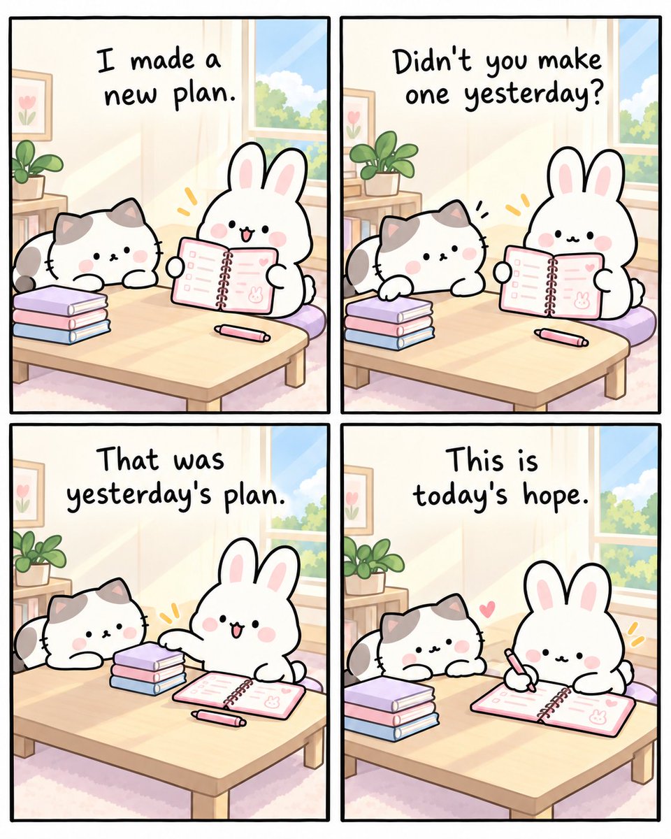 todaygagha's tweet photo. MOA DAYS #04 — A New Plan

“I made a new plan.”
“Didn't you make one yesterday?”
“That was yesterday's plan.”

���This is today's hope.”

토토는 오늘도 다시 시작합니다.
계획이 무너져도, 또 새로 쓰면 되니까.

#MOADAYS #TOTO #Webcomic #SliceOfLife #DailyComic https://t.co/ZZIqzxoMXW