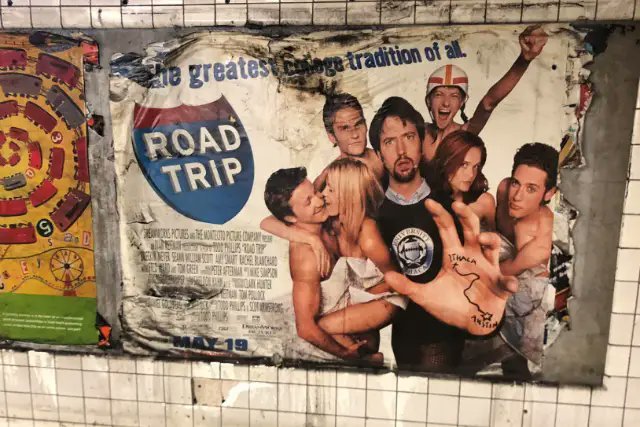 emilyagain's tweet photo. It's the Nostrand Ave stop that still has the Road Trip poster from 2000 for me https://t.co/z6XuQMllY5