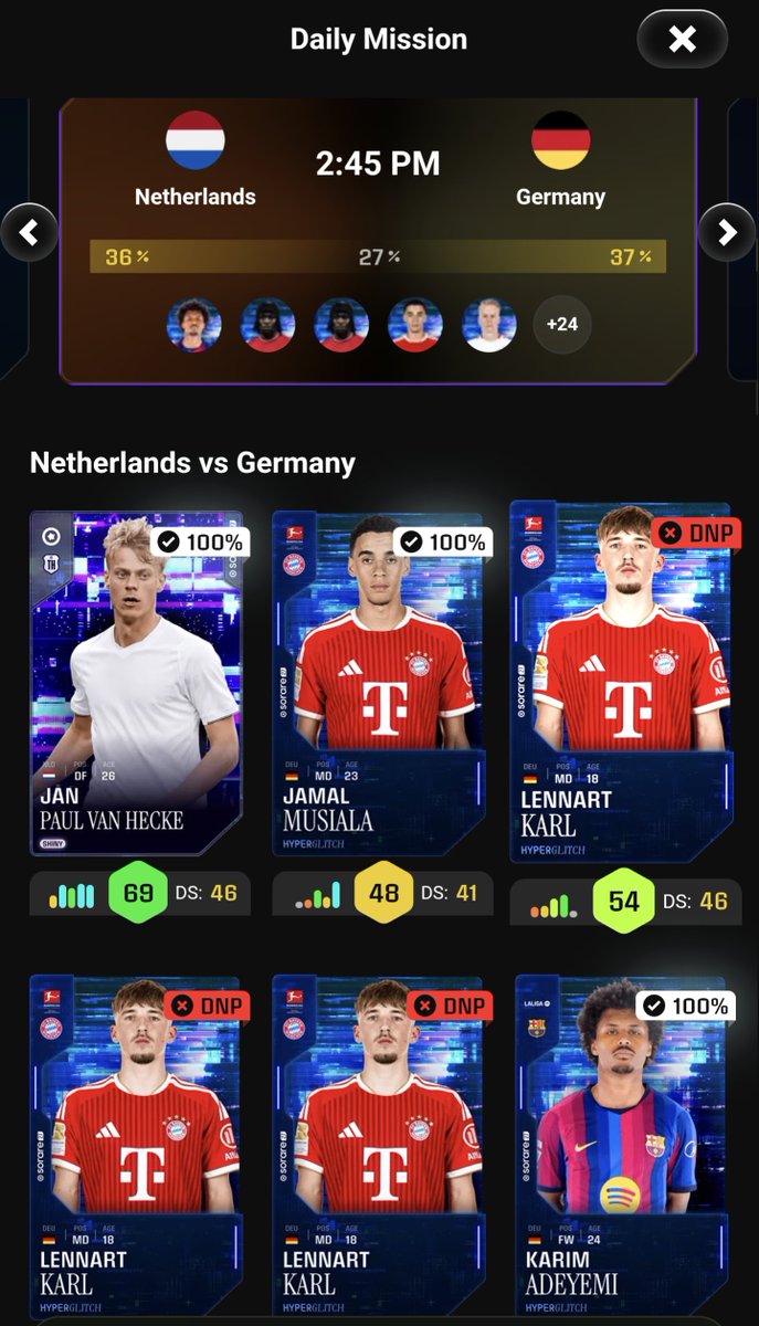nemesisorare's tweet photo. Hey @Sorare any reason why I can't pick Adeyemi in my lineups? He's starting for Germany and I I can select him for Daily Missions, just not in my starting lineup. He does not even show as a player I have when selecting lineups. https://t.co/hUmoUiQdoo