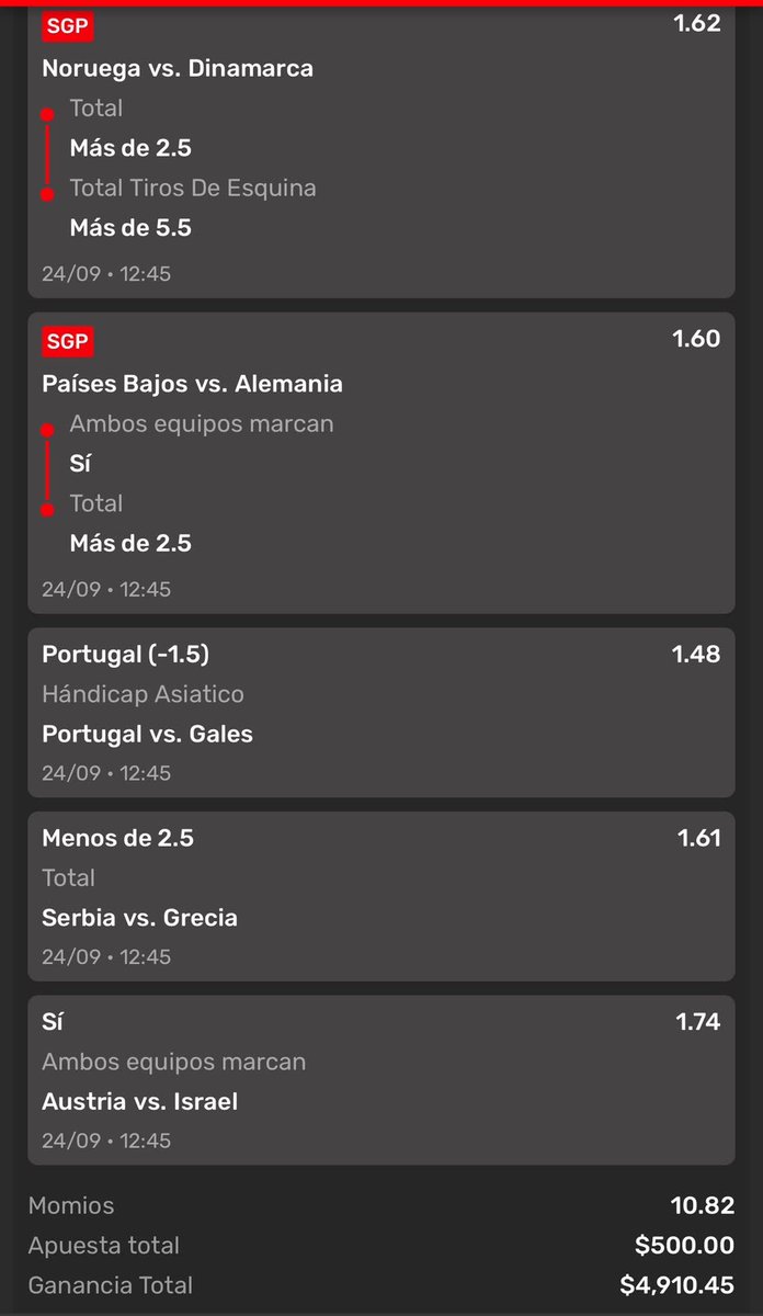 JustPickswinner's tweet photo. 🔥⚽ PARLAY DEL DÍA — JUST PICKS ⚽🔥

🇪🇺 FÚTBOL INTERNACIONAL 🇪🇺

🎯 5 SELECCIONES

🇳🇴 Noruega vs. Dinamarca
⚽ Más de 2.5 goles
🚩 Más de 5.5 córners
💰 1.62
🇳🇱 Países Bajos vs. Alemania
⚽ Ambos equipos marcan: SÍ
⚽ Más de 2.5 goles
💰 1.60
🇵🇹 Portugal vs. Gales
🎯 Portugal -1.5
💰 1.48
🇷🇸 Serbia vs. Grecia
⚽ Menos de 2.5 goles
💰 1.61

🇦🇹 Austria vs. Israel
⚽ Ambos equipos marcan: SÍ
💰 1.74
🔥 CUOTA TOTAL: 10.82 🔥
💰 APUESTA: $500 BONO
💵 GANANCIA TOTAL: $4,910.45
🟢 PARLAY OFICIAL — JUST PICKS 🟢
🔥 VAMOS POR OTRO VERDE 🔥
#JustPicks #Parlay #PicksDelDia #Futbol #SoccerPicks #ApuestasDeportivas #BTTS #Over25 #Corners #Portugal #Alemania #Noruega #Austria #PicksMexico ⚽🔥