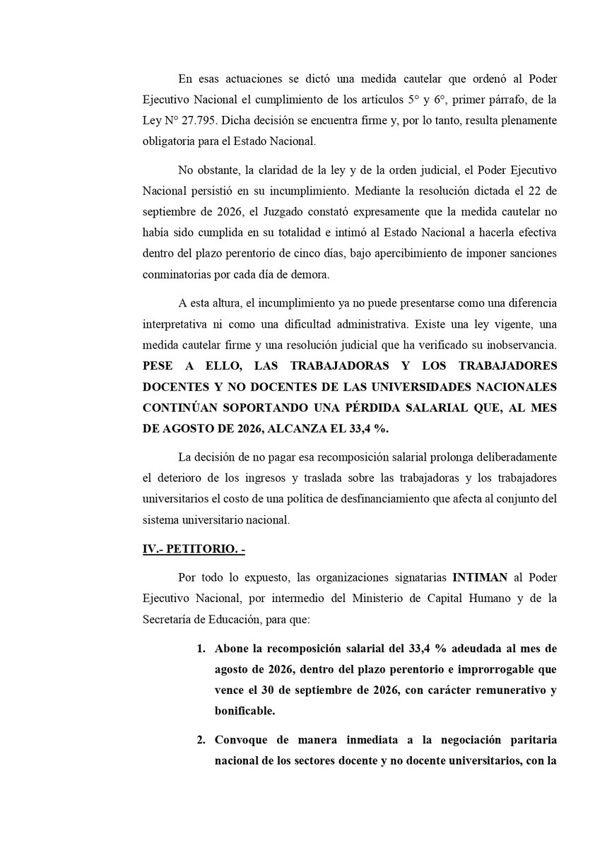 ADUNS_docentes's tweet photo. Las conducciones de las Federaciones gremiales universitarias (todas, la no docente incluida) esconden el objetivo natural para lo cual fueron elegidas.

Esta es la intimación a Pettovello para que antes del 30/9 cumpla con la cautelar.

¿Y si no lo hace? nos preguntamos.

Ahí es donde cambian el rol. 

Si no paga, las conducciones primeramente van a denunciar penalmente, le van a chusmear al Juez que el ejecutivo no cumplió, le van a pedir los nombres y apellidos de los chicos malos, van a estar atentas a las sanciones que imponga el juez y POR ÚLTIMO van a ver qué medidas de acción gremial van a preparar para intentar que el Galleguito pague.

NO NO NO NO

ASÍ NO.

En primer y casi el único término que hay que expresar, como sentencia de un Frente Gremial, al corroborarse el no pago de la cautelar, son justamente las medidas de fuerza y deben quedar perfectamente explicitadas. VAMOS A PARAR HASTA QUE PAGUEN!!!! porque no solo las bases están exigiendo el cumplimiento de la Ley, ahora también lo exige el Juez.

Las intimaciones, denuncias y otras yerbas, déjenselas a la justicia. Uds. están elegidos para otra cosa y vemos que no lo saben.

Luego si quieren seguir escribiendo amenacen que van hacer otra peregrinación a Luján o una novena a Ceferino.

Sinceramente, como conducciones federativas, son peores que la burocracia. Ni la CGT intimaría de esa forma.

Por último, si existiese, Dios los vomitaría. Por tibios.

@PrensaCONADU @CONADUHistorica @fatunoficial @FEDUNArgentina @UDAcentral @cteracta @FAGDUT