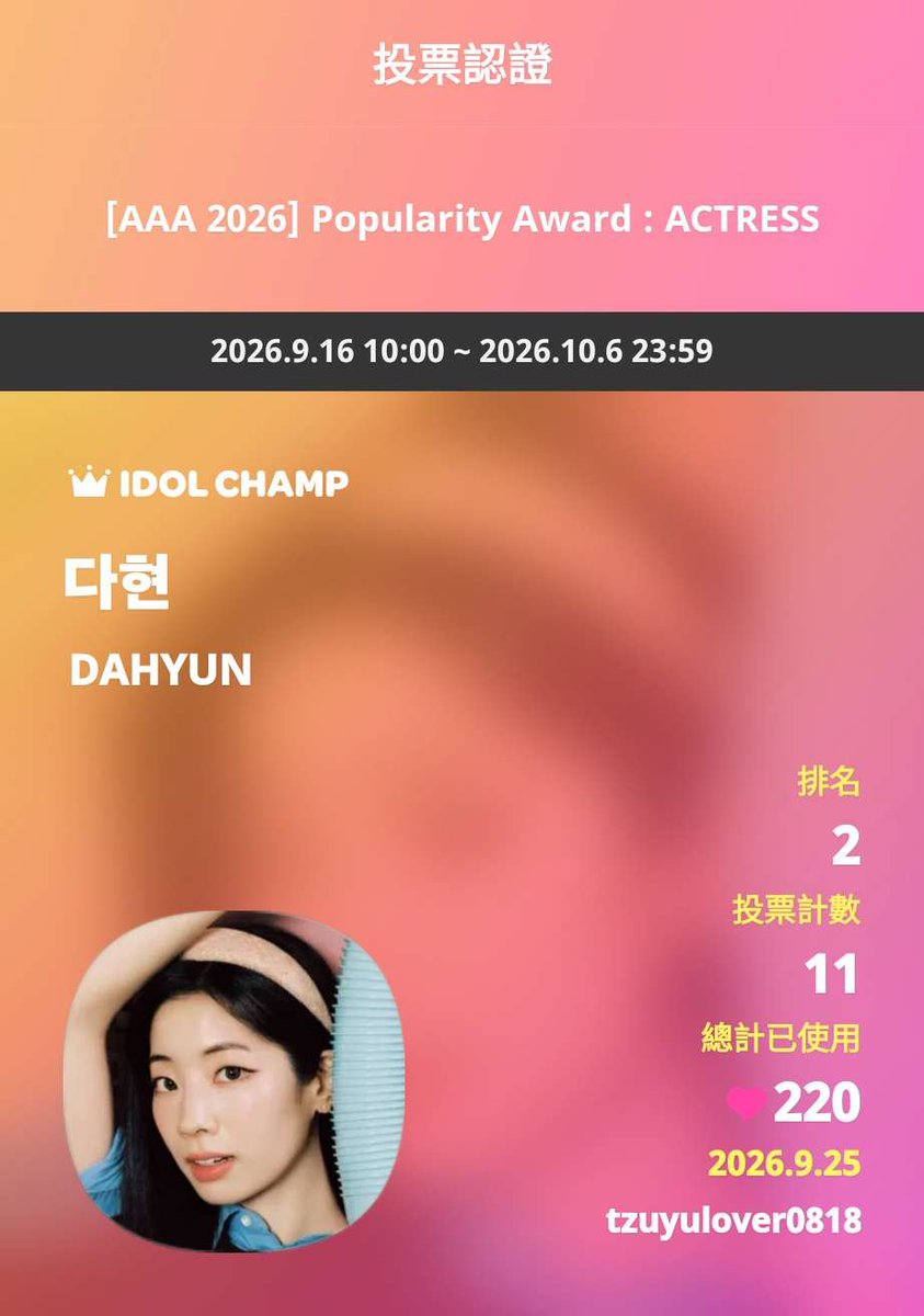 allfor__tzu's tweet photo. IDOLCHAMP 아이돌챔프
다현 DAHYUN 투표 완료🗳️
#IDOLCHAMP
#다현
#DAHYUN
https://t.co/WT9f4Zkdna https://t.co/V5nyfIAGfn