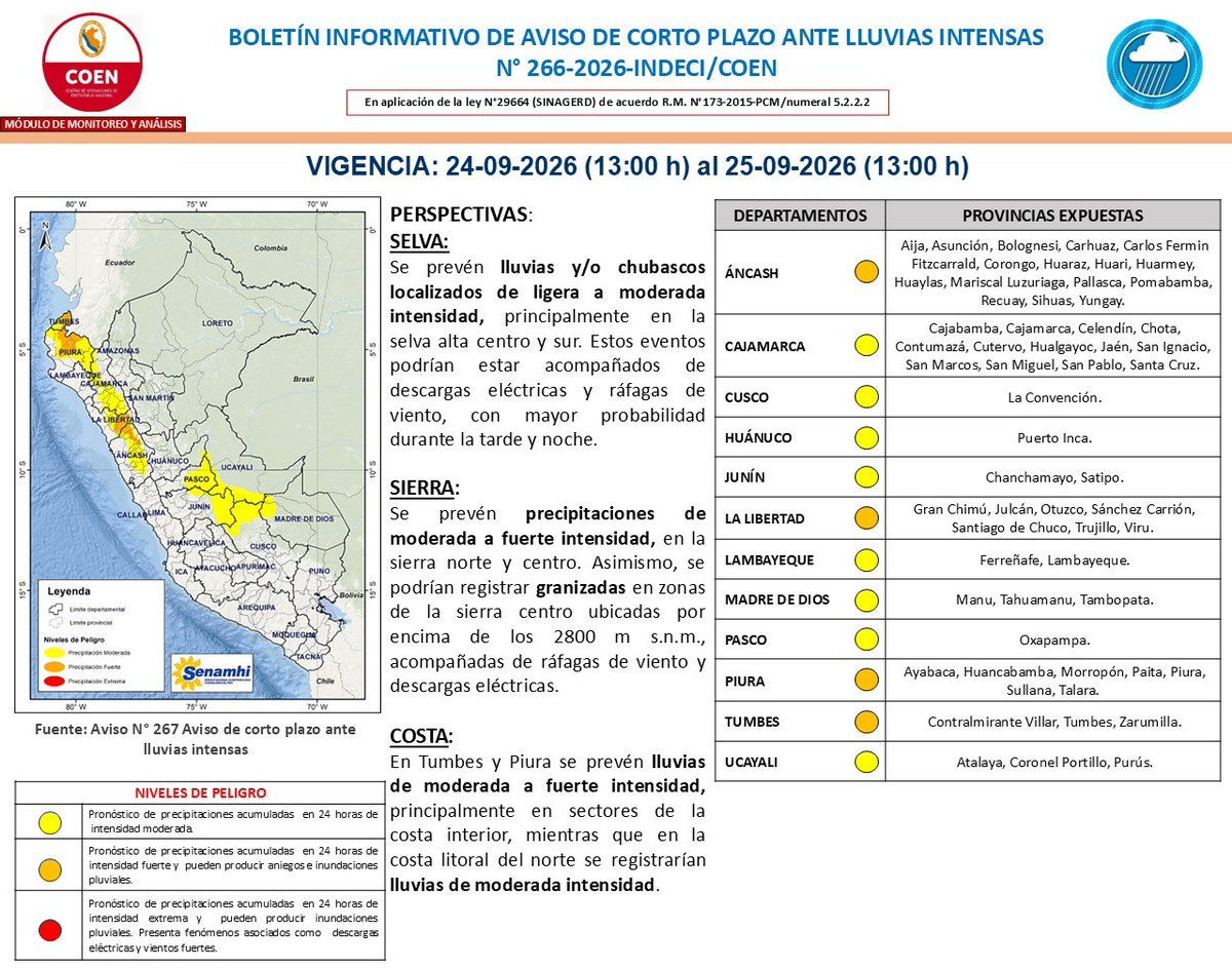 COENPeru's tweet photo. 🟠 Se presentarían #LluviasIntensas (nivel naranja) hasta el 25/9 en varias provincias de los departamentos de Áncash, La Libertad, Piura y Tumbes, de acuerdo con el aviso de corto plazo del @Senamhiperu. https://t.co/4JRle10rUe
