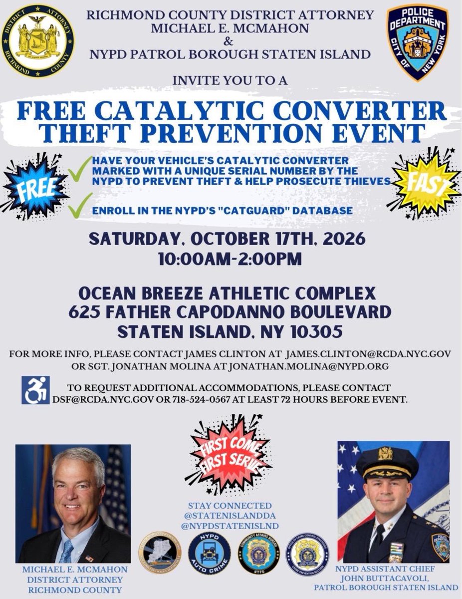 NYPD120Pct's tweet photo. Please join us for the upcoming FREE ⬇️ Catalytic Converter theft prevention event! 

Saturday October 17th from 10:00-2:00 pm at Ocean Breeze athletic complex. 

625 Father Capodanno Boulevard https://t.co/eWJE814z1J