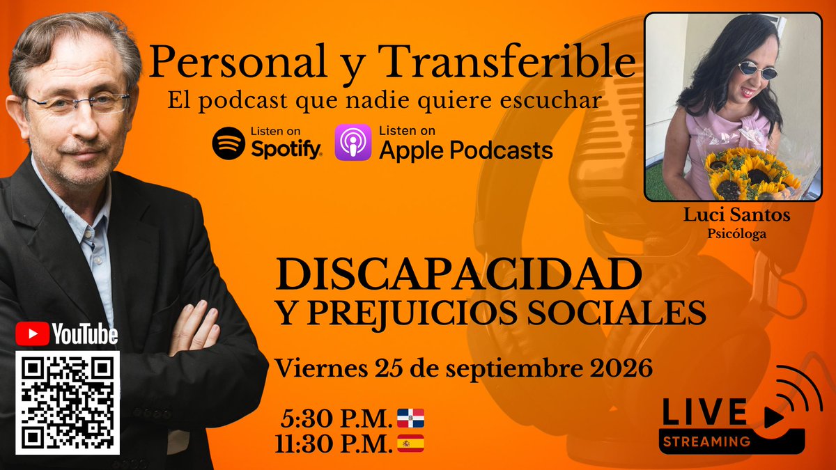 lauredelacruz's tweet photo. 🎧 DISCAPACIDAD Y PREJUICIOS SOCIALES

Históricamente las personas con discapacidad visual se han tenido que enfrentar a numerosos prejuicios sociales, dificultando su acceso a una vida social plena. 

De estos prejuicios y de las estrategias para superarlos hablamos con Luci Santos, psicóloga clínica con Maestría en Terapia Familiar y de Pareja con experiencia en el trabajo comunitario y social. Ha colaborado en el programa social SUPÉRATE ademas de varias ONG como la Fundación Corazones Solidarios contra el Cáncer, la Red LUNA de Mujeres Dominicanas con Discapacidad Visual y el Núcleo de Apoyo a la Mujer.

🔗 Enlace: https://t.co/lctcpespig 

#Podcast #Entrevista #TrabajoSocial #discapacidad 

PERSONAL Y TRANSFERIBLE©️
El podcast que nadie quiere escuchar