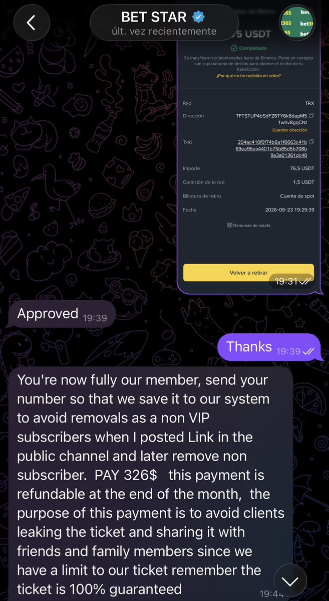 NachoFessia's tweet photo. @Gldenbets Don't trust this person. He's a scammer. He asked me for 150 USDT for a monthly VIP membership. After I paid, he asked for an additional 326 USDT. He never made that clear; it's a scam. https://t.co/rMnX4CnDwB