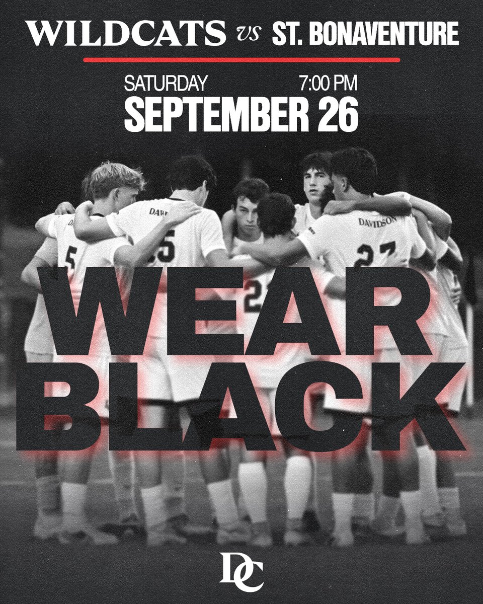 DavidsonMSoccer's tweet photo. BLACKOUT ALUMNI ⚫️🔴⚫️

Wear black and support the 'Cats this Saturday against the Bonnies!

#DCUnited https://t.co/hBsk7UaJPs