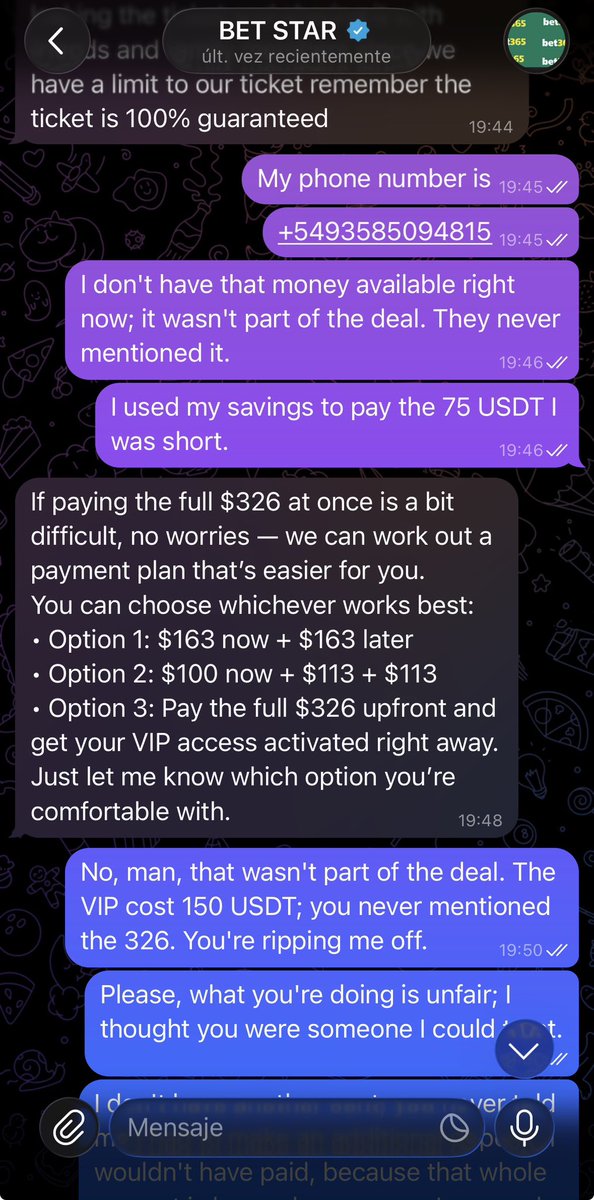 NachoFessia's tweet photo. @Gldenbets Don't trust this person. He's a scammer. He asked me for 150 USDT for a monthly VIP membership. After I paid, he asked for an additional 326 USDT. He never made that clear; it's a scam. https://t.co/jF1rwm1oPT
