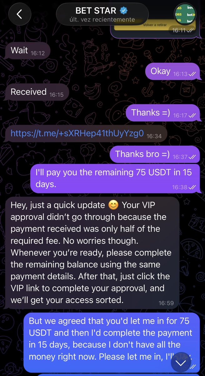 NachoFessia's tweet photo. @Gldenbets Don't trust this person. He's a scammer. He asked me for 150 USDT for a monthly VIP membership. After I paid, he asked for an additional 326 USDT. He never made that clear; it's a scam. https://t.co/xxFNqLkClY