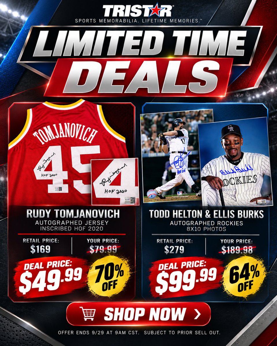 TRISTAR1's tweet photo. 👀Check out this week's limited time deals!
Don’t wait—SHOP NOW before they’re gone! 🛒💨
🛒 https://t.co/W6xaikYMpd
#dealoftheday #DailyDeals #autographs #SportsMemorabilia #tristarauthentic https://t.co/GVfSa5g2zn