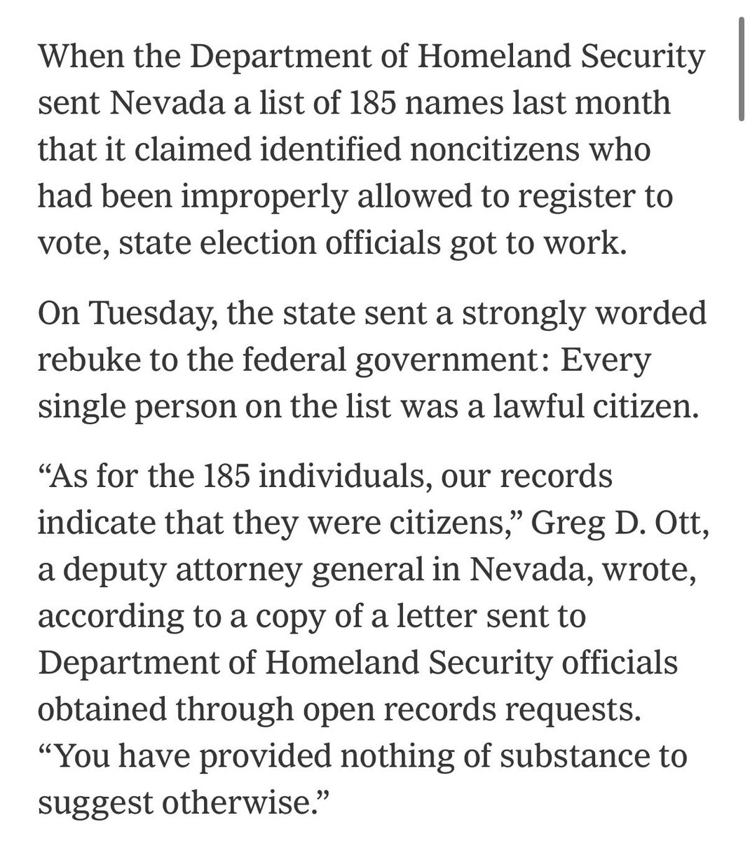 ReichlinMelnick's tweet photo. Incredible. First @SecMullinDHS claimed that @DHSgov identified 15,903 noncitizens on Nevada’s voter roll.  Then DHS officials said, no no no, that’s just people we flagged, here’s the names of 185 people we KNOW aren’t citizens.

All 185 were citizens. DHS got 100% wrong. https://t.co/akhqg0HAqr