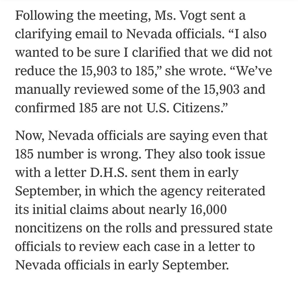 ReichlinMelnick's tweet photo. Incredible. First @SecMullinDHS claimed that @DHSgov identified 15,903 noncitizens on Nevada’s voter roll.  Then DHS officials said, no no no, that’s just people we flagged, here’s the names of 185 people we KNOW aren’t citizens.

All 185 were citizens. DHS got 100% wrong. https://t.co/akhqg0HAqr