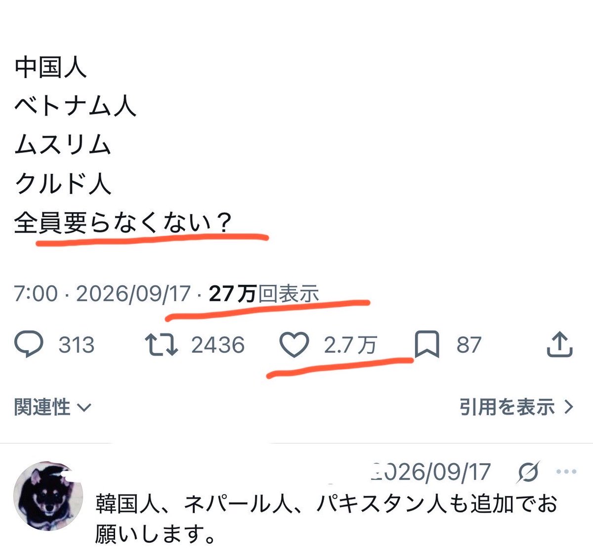 cobta's tweet photo. こういう投稿が即凍結ならわかります。しかしXの怠慢により、このヘイトは2.7万いいねを集めています。日本の総務省やデジタル庁は、XやYouTubeの「人種差別や性差別へのノーペナルティ」を実質黙認しています。SNSを野放しにし、選挙前のデマ拡散ツールとして自民党が利用している気配さえあります。 https://t.co/XRhHhtqYf4