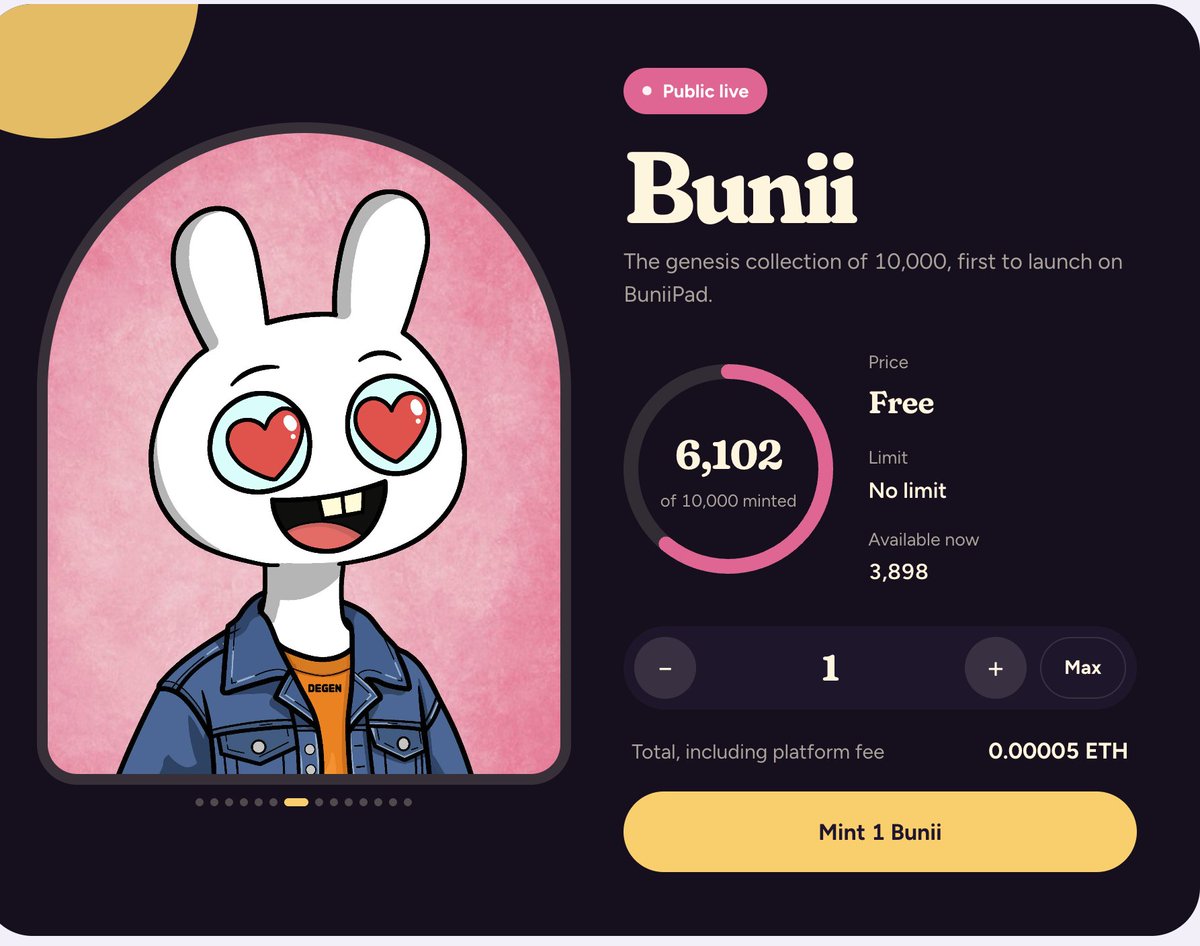 buniipad's tweet photo. MINT UPDATE

6,102 Buniis minted.

less than 4000 left.

Public mint is FREE and still live.

The Warren keeps growing.

https://t.co/PFKJBk0VId https://t.co/fX7a0YIwzM