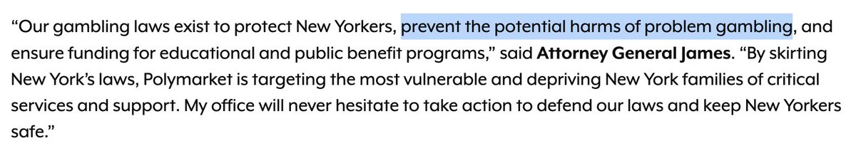 brianjpempus's tweet photo. Every time New York State sues a prediction market (today, Polymarket), the AG exaggerates how effective the state's policies are at protecting users of licensed house-banked betting apps from harm. Seems like you can sue a PM without hyping existing sports betting laws so much. https://t.co/mwggJPd8aJ