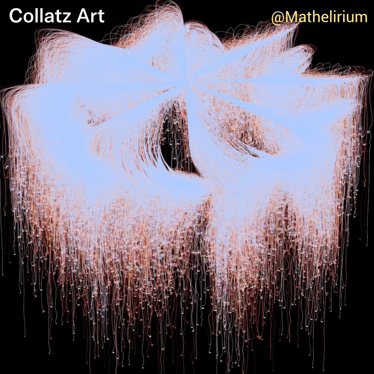 An artistic visualization titled 'Collatz Art' by @Mathelirium, showing intricate flowing line patterns in pink and blue that form a flower or pinwheel-like shape with trailing tendrils against a black background.