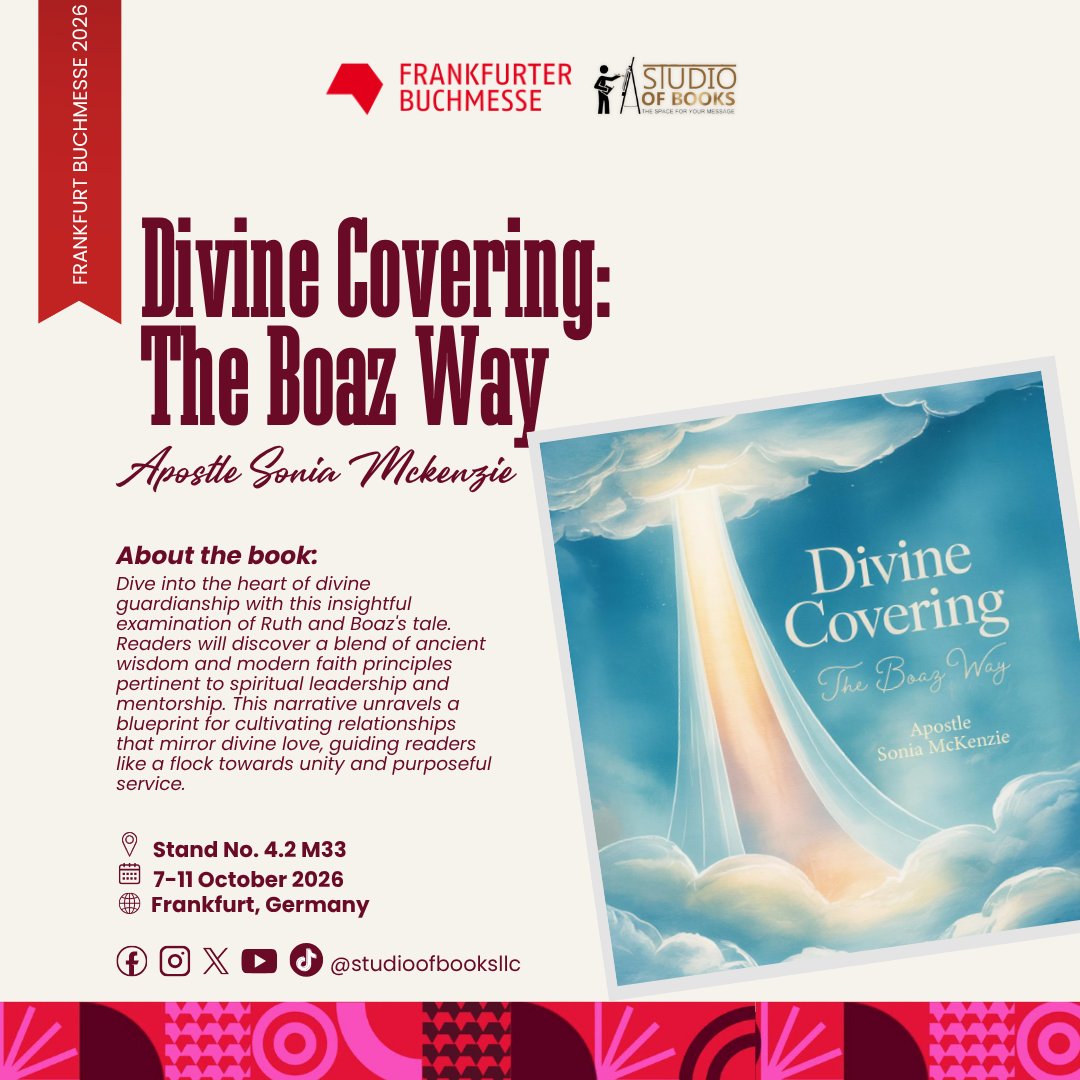 studioofbooks's tweet photo. The spotlight is on "𝒟𝒾𝓋𝒾𝓃𝑒 𝒞𝑜𝓋𝑒𝓇𝒾𝓃𝑔: 𝒯𝒽𝑒 𝐵𝑜𝒶𝓏 𝒲𝒶𝓎" by Apostle Sonia Mckenzie!

This October, the book will be part of Studio of Books’ featured collection at Frankfurt Book Fair 2026.

📅 October 7–11, 2026
📍 Frankfurt am Main, Germany https://t.co/cRb9wka8Or