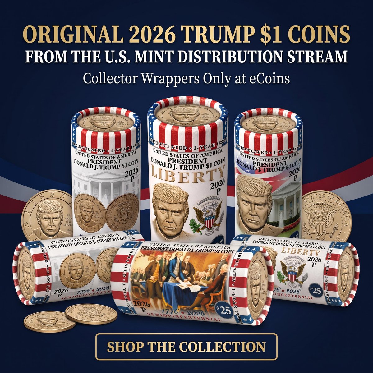 eCoins's tweet photo. Trump $1 Coin rolls are available at eCoins. Best pricing and limited edition roll wrappers!