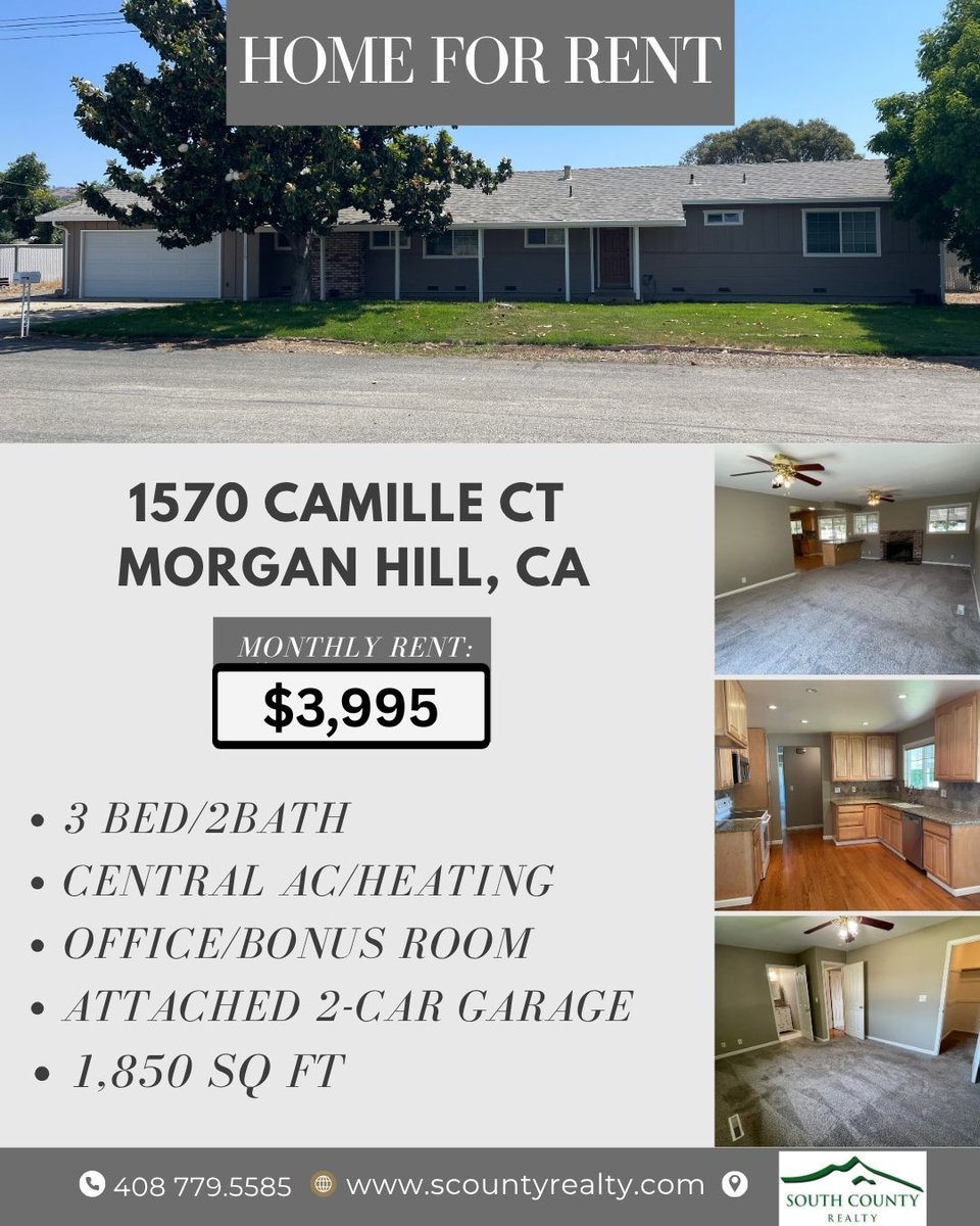 RealtyCounty's tweet photo. 🏡✨ FOR RENT | 1570 Camille Ct, Morgan Hill ✨🏡

✨ Granite kitchen countertops
❄️ Central A/C &amp; heating
🚗 Attached 2-car garage
🏡 Office/bonus room
🌳 Tenant use of the front portion of the acreage

💰 $3,995/month | $3,995 security deposit
🚭 No smoking | 🐾 No pets https://t.co/SrbncTRB32