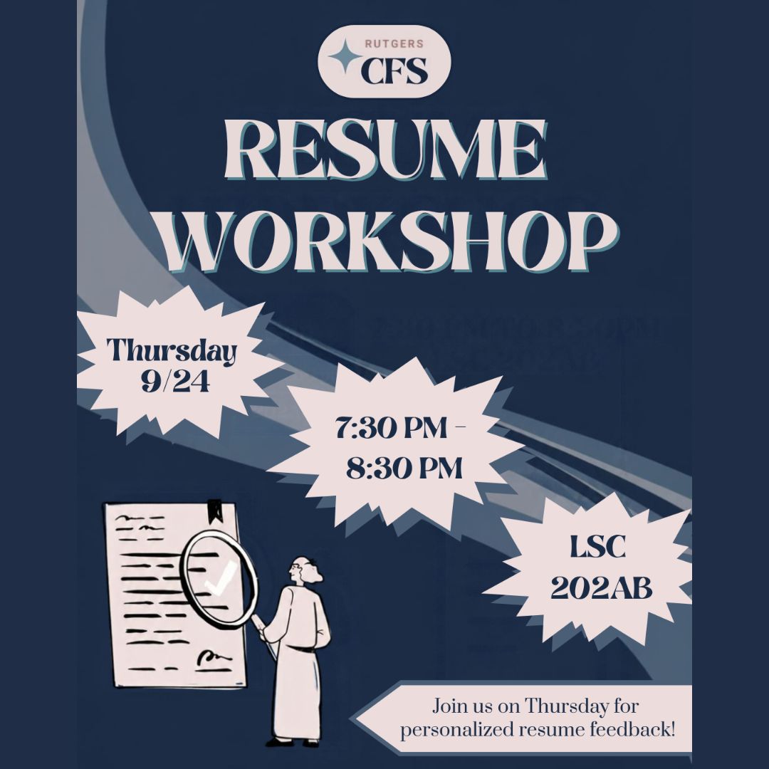 RutgersODS's tweet photo. π Need resume feedback? Stop by the CFS Resume Workshop tonight from 7:30-8:30 PM in LSC 202AB!
#RutgersStudents #CareerReady #CorporateFinanceSociety https://t.co/oXJvfa12sF
