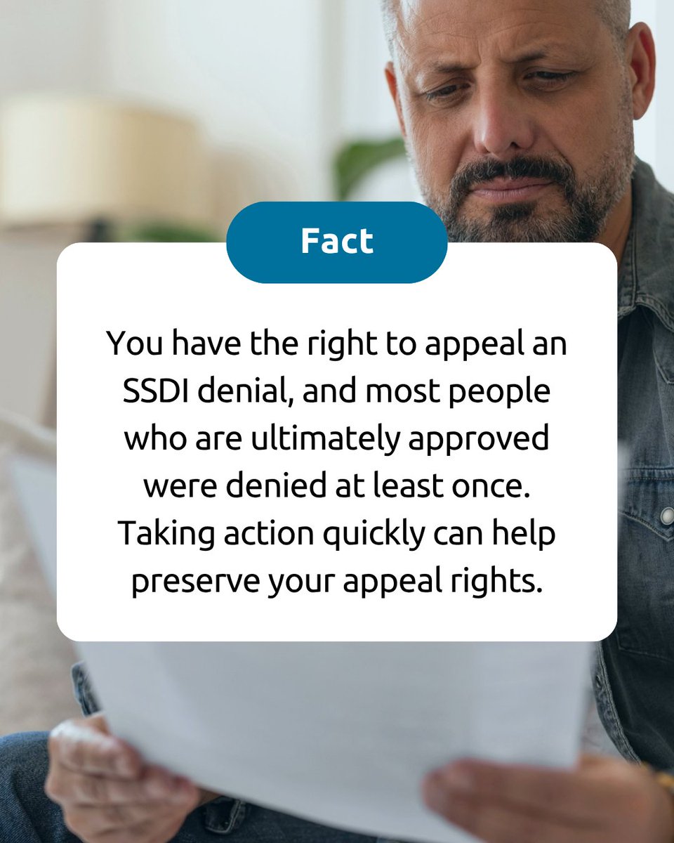 Allsup's tweet photo. A denial isn’t the end of your claim; it’s an opportunity to get the benefits you deserve.

Allsup is ready to help you get started with your appeal. You have 60 days from the date of your denial to request an appeal. 

Allsup approval rates are 50% higher than the national average at appeals. You don’t have to do this alone.

YOUR NEXT STEP: take our free SSDI assessment to learn more: https://t.co/IvdUXrPlws call 888-339-0743.

#DeniedSSDI #SSDIAppeals #SSDI #AllsupSSDI