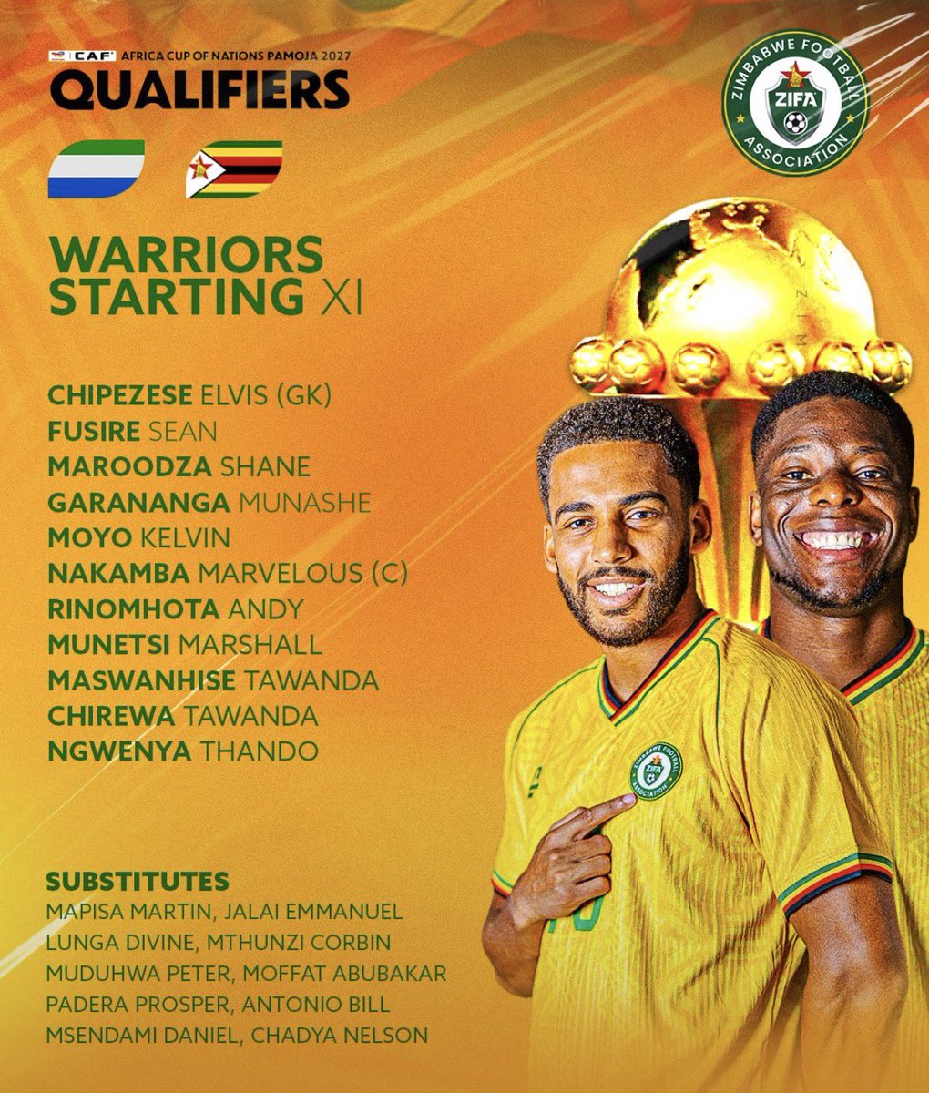 zim_football's tweet photo. Zimbabwe line up vs Sierra Leone 🇸🇱 

#Zimbabwe #GoWarriors #AFCONQ #SierraLeone #Zimfootball https://t.co/nFflJuWjcf