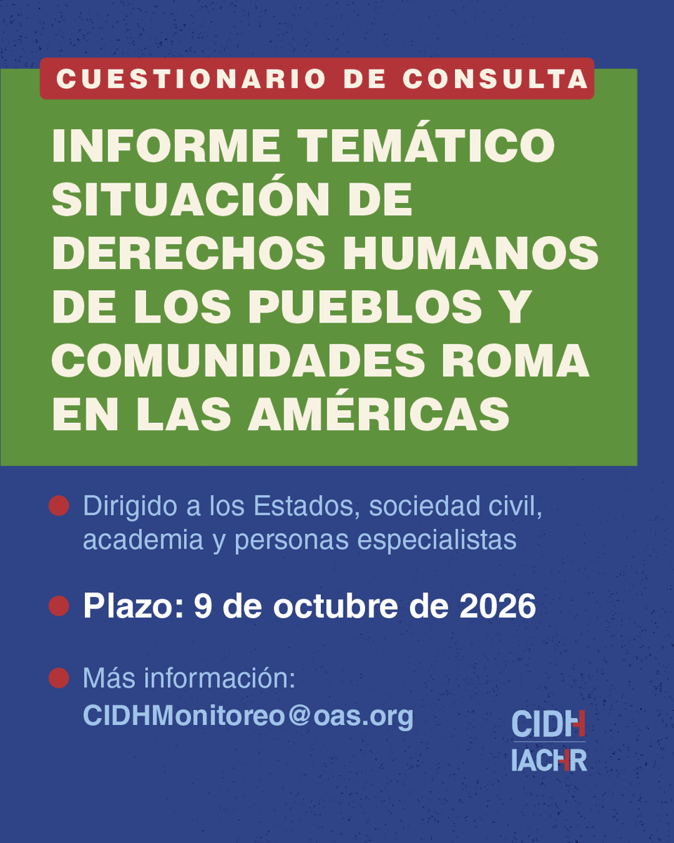 CIDH's tweet photo. 📢 Participa del informe temático de la #CIDH sobre la situación de los derechos humanos de los pueblos y comunidades Romaníes/Gitanos en las Américas. 

🔗 https://t.co/sMEY0Chr31
🗓️ Plazo: 9 de octubre https://t.co/7HrdliKGbE