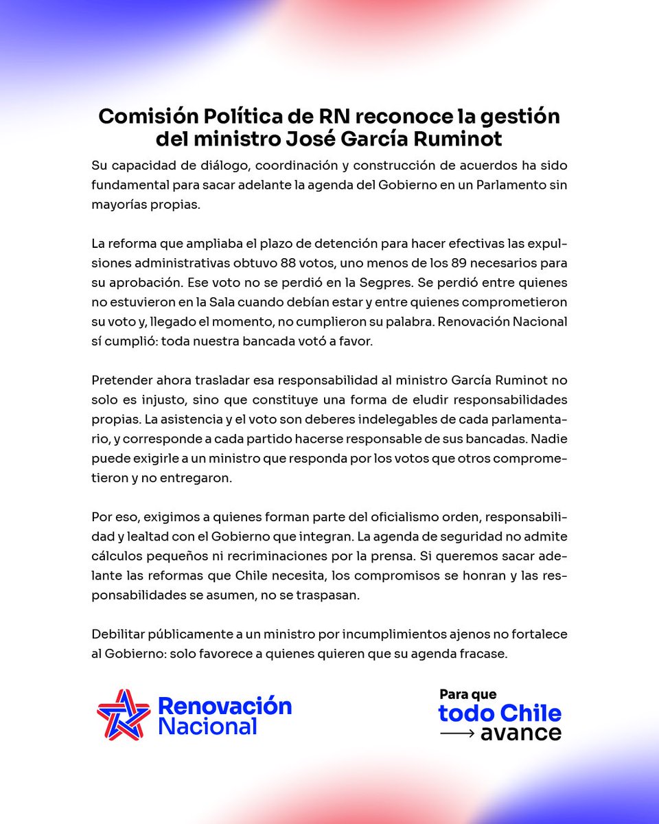 RNchile's tweet photo. Declaración pública de la Comisión Política de Renovación Nacional respecto a la gran gestión del ministro @jgarciaruminot https://t.co/QE6DWnsTdr