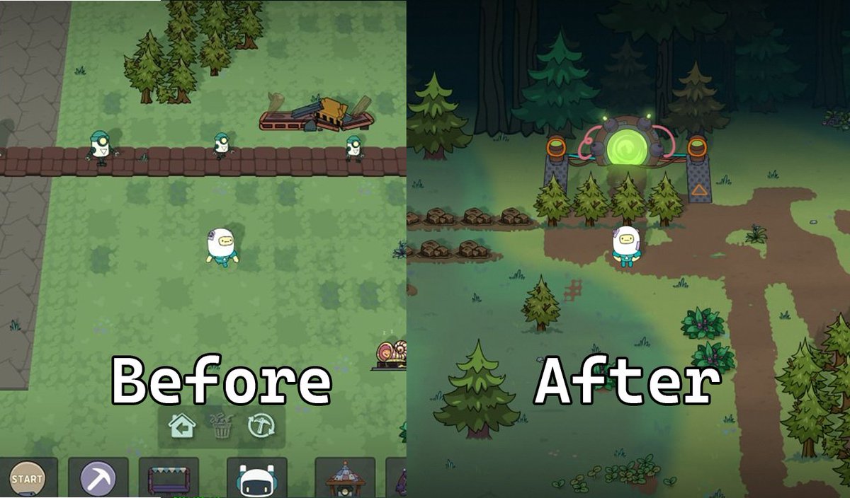 luden_io's tweet photo. A little before / after from development ✨

We went back to this area for another iteration — tweaking the atmosphere, readability and overall feel of the scene.

Before → After
#gamedev #indiedev https://t.co/3lnmzxnhoz